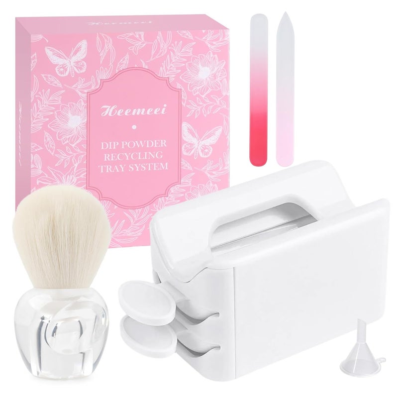 heemeei Dip Powder Recycling Tray System, Portable Nail Dip Powder Tray Kit with Nail Dust Brush, Glass Nail File, French Nail Art Manicure Essential Tool, Makeup Tool Glitter Saver(White) - Image 1